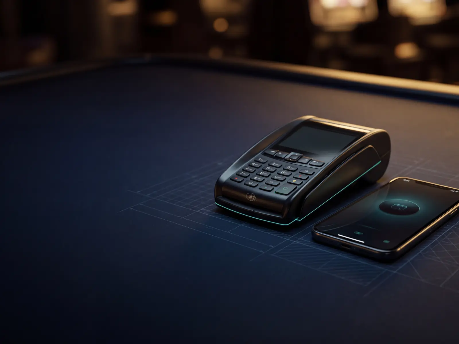 Terminal płatniczy i smartfon na granatowym tle z siatką