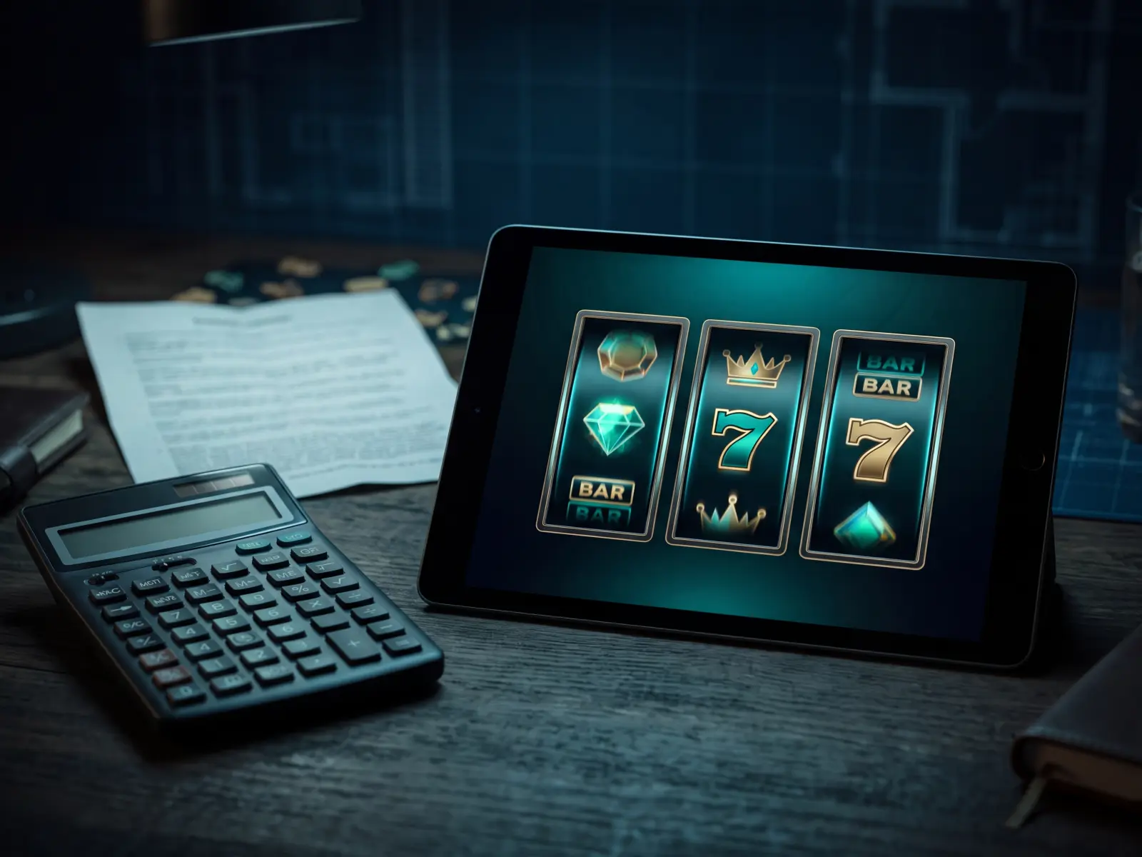 Kalkulator i tablet ze slotami przy liczeniu obrotu bonusu